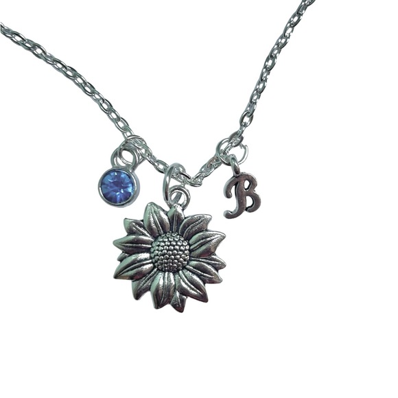 PERSONALIZED Sunflower necklace silver plated with birthstone & chosen letter - Picture 1 of 5